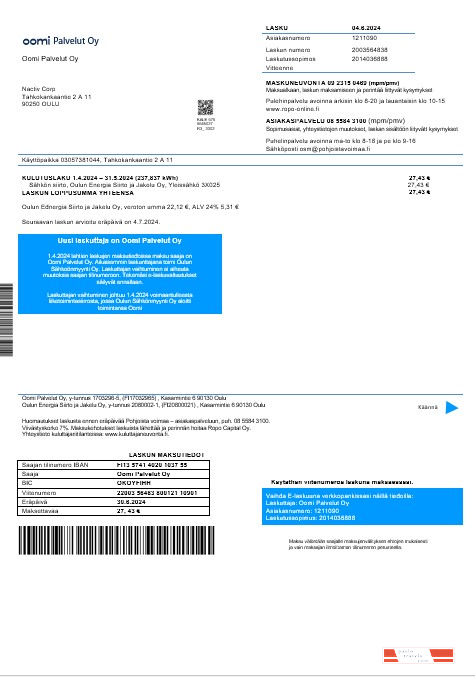 Finland Oomi Palvelut Oy electricity business utility bill in word and pdf formats